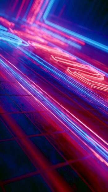 An abstract neon wallpaper featuring dynamic blue and red light trails on a dark, gridded surface