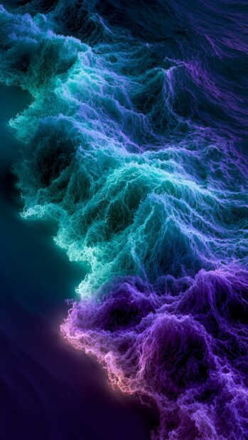 Abstract neon wallpaper showing glowing teal and purple ocean waves