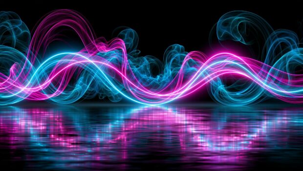 An abstract neon wallpaper featuring vibrant pink and blue wavy lines reflecting on a dark, watery surface