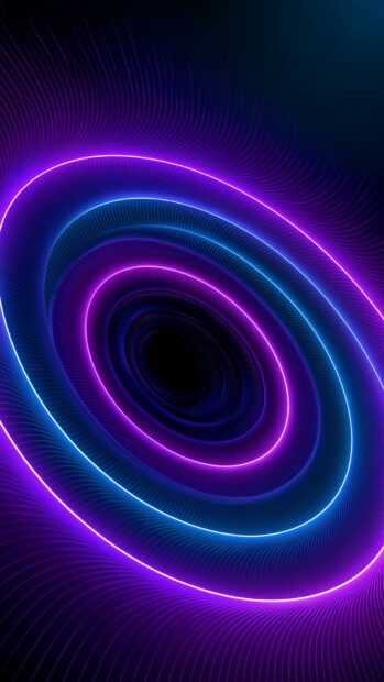 An abstract neon wallpaper featuring a glowing blue and purple spiral tunnel illusion on a dark background