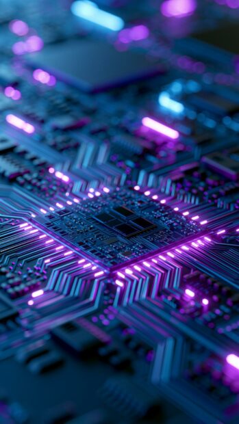 A detailed neon wallpaper displaying a circuit board with glowing purple and blue lines and microchips