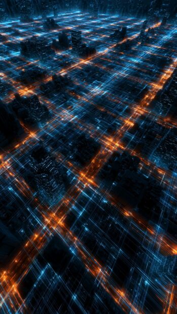 Futuristic neon wallpaper showing a city grid with glowing blue and orange lines