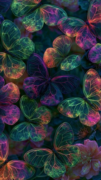 A stunning neon wallpaper showcasing multiple glowing butterflies with vibrant outlines against a dark, mystical background