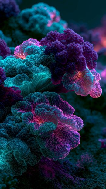 A vibrant neon wallpaper featuring glowing coral or fungi-like structures in striking pink, purple, and teal colors