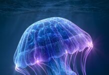 A stunning neon wallpaper depicting a glowing blue and purple jellyfish swimming gracefully underwater with light rays