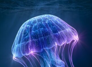 A stunning neon wallpaper depicting a glowing blue and purple jellyfish swimming gracefully underwater with light rays