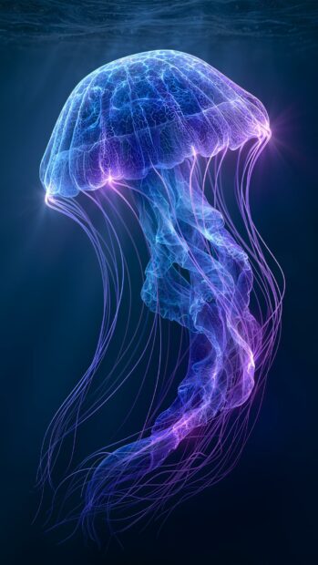 A stunning neon wallpaper depicting a glowing blue and purple jellyfish swimming gracefully underwater with light rays
