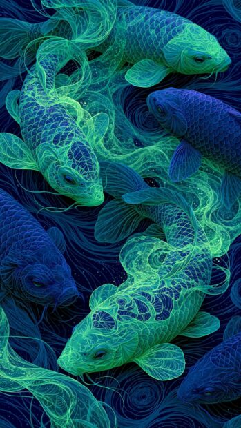 Artistic neon wallpaper featuring glowing green and blue koi fish swimming in dark water