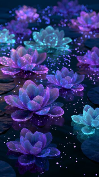 A beautiful neon wallpaper showcasing glowing purple and blue lotus flowers floating on dark water with sparkling particles