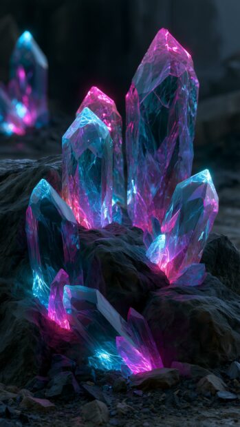 A vibrant neon wallpaper showcasing glowing pink and blue crystal formations on dark, rugged rocks