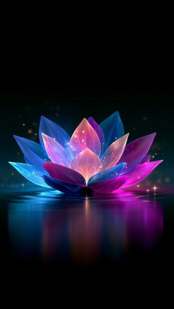 An elegant neon wallpaper depicting a glowing pink and blue lotus flower reflecting on dark water