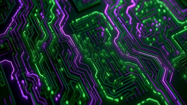 An intricate neon wallpaper displaying a glowing green and purple circuit board with digital patterns