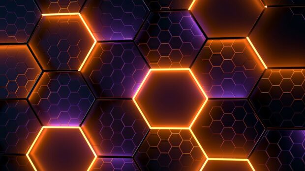 Abstract neon wallpaper with glowing orange and purple hexagonal patterns