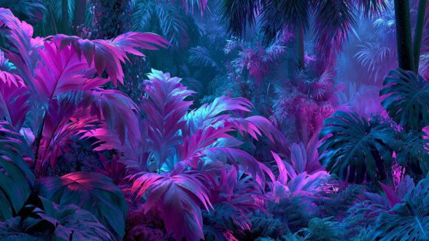 Vibrant neon wallpaper depicting a jungle full of glowing pink and blue plants