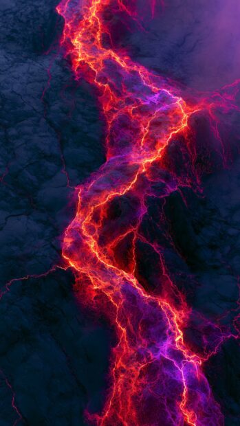 A striking neon wallpaper featuring a vibrant red and purple lava stream flowing through dark, cracked rocks