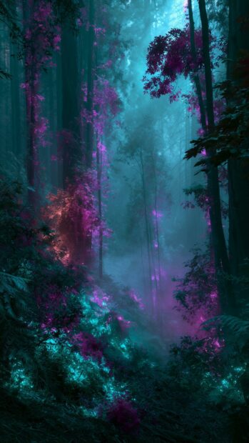 A magical neon wallpaper depicting a mystical forest with trees and fog illuminated by glowing pink and blue lights
