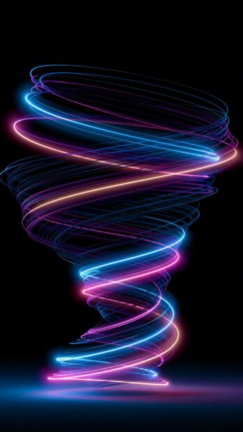 Dynamic neon wallpaper depicting a swirling pink and blue light vortex on a dark background