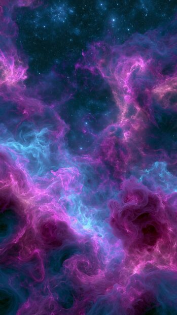 A beautiful neon wallpaper featuring a vibrant purple and blue nebula in deep space with glowing stars