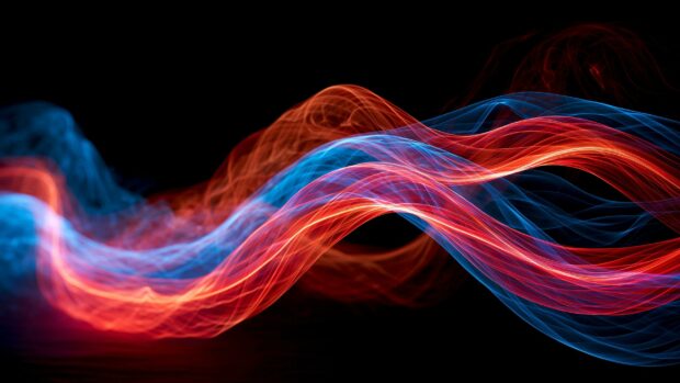 Abstract neon wallpaper featuring flowing red and blue light waves on a dark background