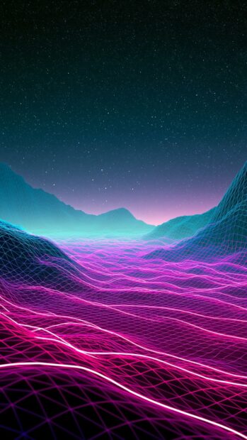 Retro-futuristic neon wallpaper featuring a wireframe landscape with mountains, a pink grid, and a starry night sky
