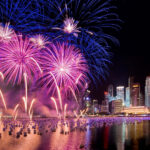 City Skyline Fireworks Reflection New Year Aesthetic Wallpaper