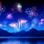 Colorful Fireworks Mountain Lake Aesthetic Wallpaper