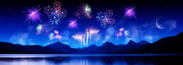 A stunning New Year Aesthetic Wallpaper showcasing colorful fireworks over a serene mountain lake at night with a crescent moon