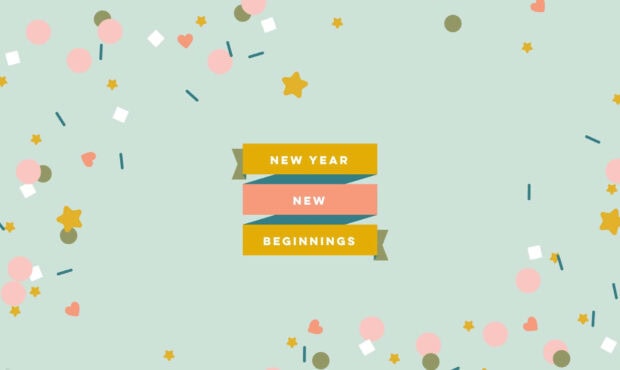 A cheerful New Year aesthetic wallpaper with "New Year New Beginnings" text on banners amidst colorful confetti (stars, circles, hearts) on a light mint green background