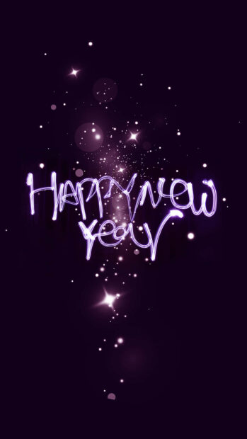 A stylish New Year Aesthetic Wallpaper featuring glowing purple "Happy New Year" text with sparkling particles on a dark purple background