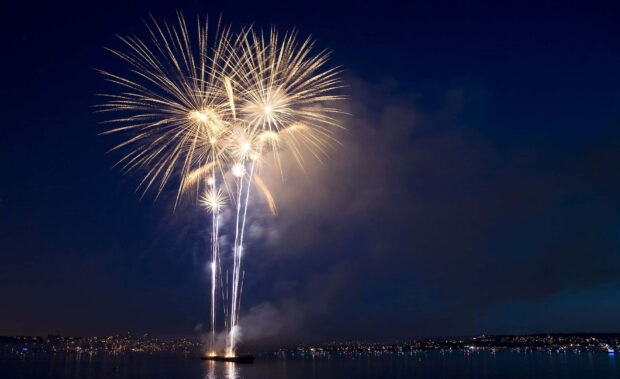 A captivating New Year Aesthetic Wallpaper featuring golden fireworks exploding high above a city skyline reflected on dark water
