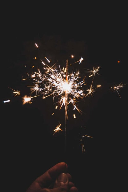 A captivating New Year Aesthetic Wallpaper featuring a hand holding a brightly lit sparkler in the dark, creating a festive glow