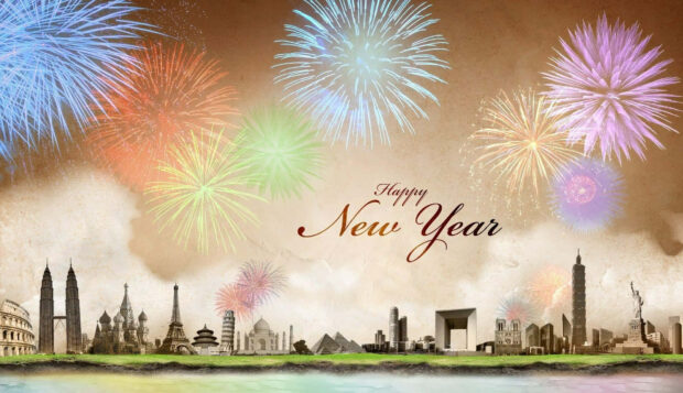 A festive New Year Aesthetic Wallpaper with 'Happy New Year' text, colorful fireworks, and a panorama of world landmarks