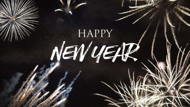 A dark New Year Aesthetic Wallpaper displaying "Happy New Year" text in white with elegant white fireworks bursting against a black sky
