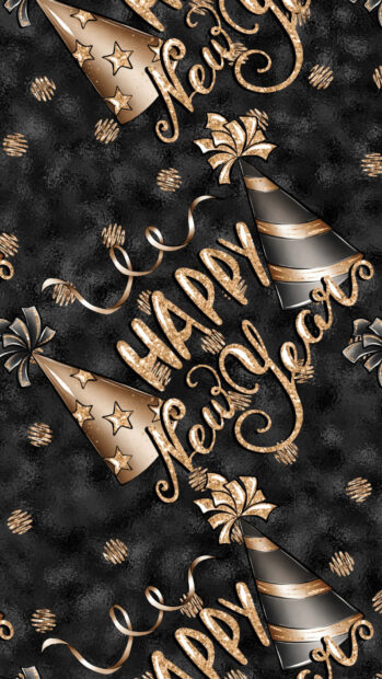 A New Year Aesthetic Wallpaper with a repeating pattern of "Happy New Year" text and festive party hats in gold and black