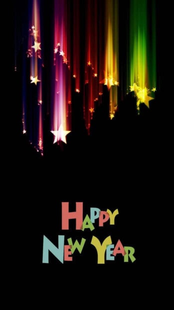 A minimalist New Year Aesthetic Wallpaper displaying "Happy New Year" text in colorful block letters with abstract falling stars and light streaks on a black background