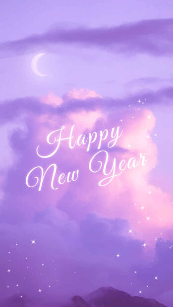 New Year Aesthetic Wallpaper featuring a serene purple and pink sky with clouds, a crescent moon, and 'Happy New Year' text