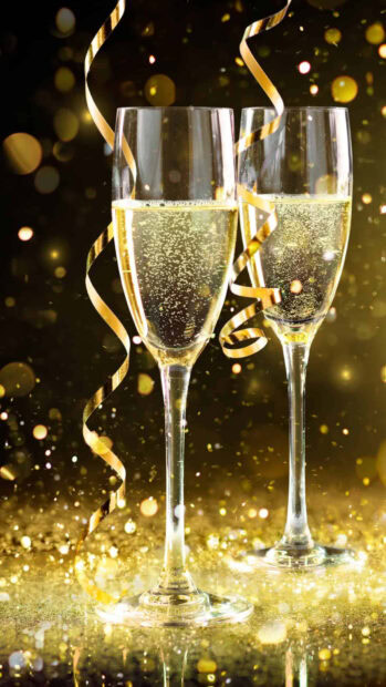 A New Year Aesthetic Wallpaper featuring two sparkling champagne flutes with golden confetti and bokeh lights on a dark background