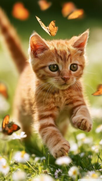 A cute orange tabby cat wallpaper featuring a kitten playing in a field with flying butterflies