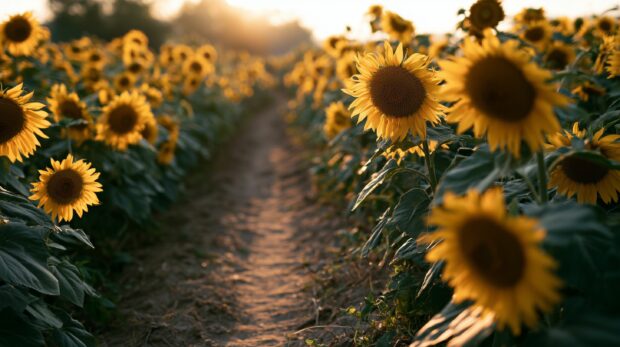A picturesque sunflower wallpaper featuring a narrow path winding through a sunlit sunflower field
