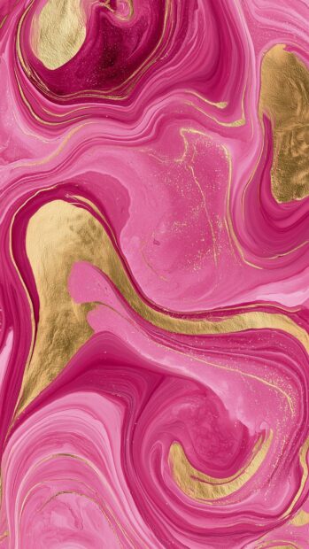 A vibrant pink aesthetic wallpaper showcasing an abstract marble pattern with swirling gold veins