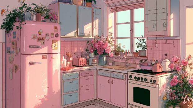 A charming pink aesthetic wallpaper depicting a cozy anime-style kitchen with pink appliances and plants
