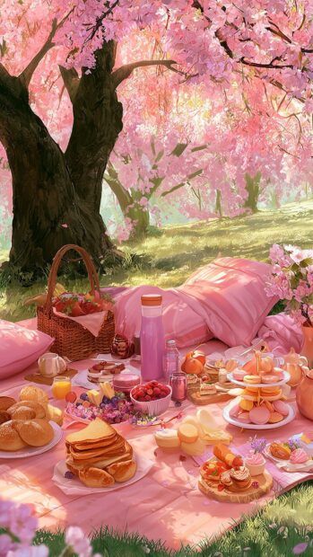 A vibrant pink aesthetic wallpaper depicting an anime-style picnic scene under beautiful cherry blossom trees