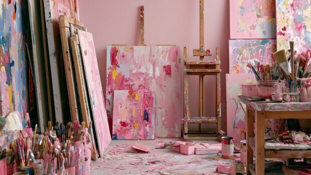 A vibrant pink aesthetic wallpaper depicting a messy art studio filled with canvases, paintbrushes, and splashes of pink paint on the floor