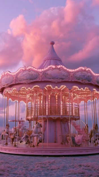 A dreamy pink aesthetic wallpaper featuring a beautiful carousel under a soft pink sunset sky
