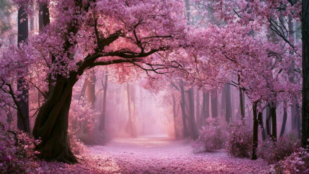 A magical pink aesthetic wallpaper showcasing a serene forest path surrounded by blooming pink cherry blossom trees, creating a soft, ethereal atmosphere