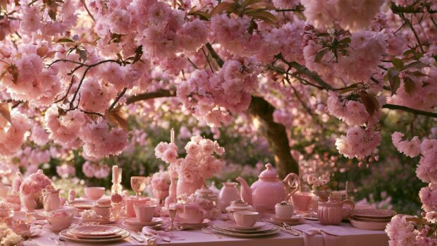 A charming pink aesthetic wallpaper depicting an outdoor tea party setup under blooming cherry blossom trees