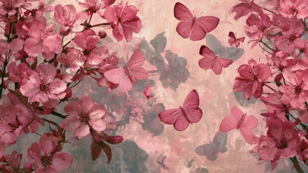 A beautiful pink aesthetic wallpaper featuring delicate pink cherry blossoms and several pink butterflies fluttering against a soft, painterly background