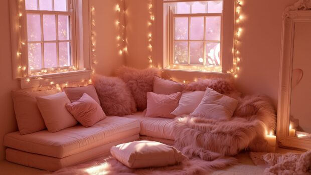 A cozy Pink Aesthetic Wallpaper showcasing a room corner with pink sofa, furry blankets, and warm fairy lights