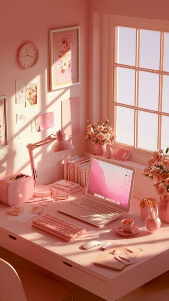 A detailed Pink Aesthetic Wallpaper showing a pink desk setup with a laptop, lamp, and various office items