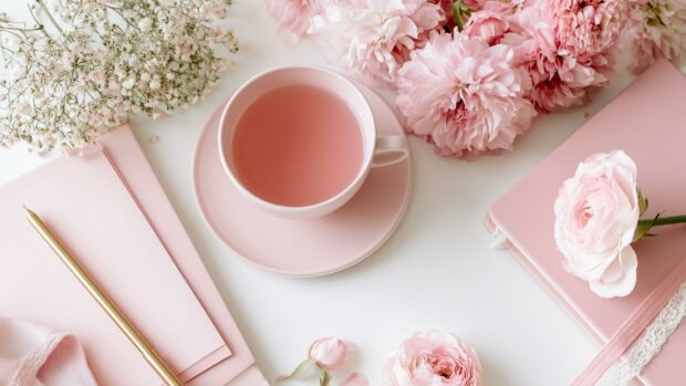 A beautiful flat lay pink aesthetic wallpaper featuring a cup of pink tea, elegant stationery, and delicate pink flowers